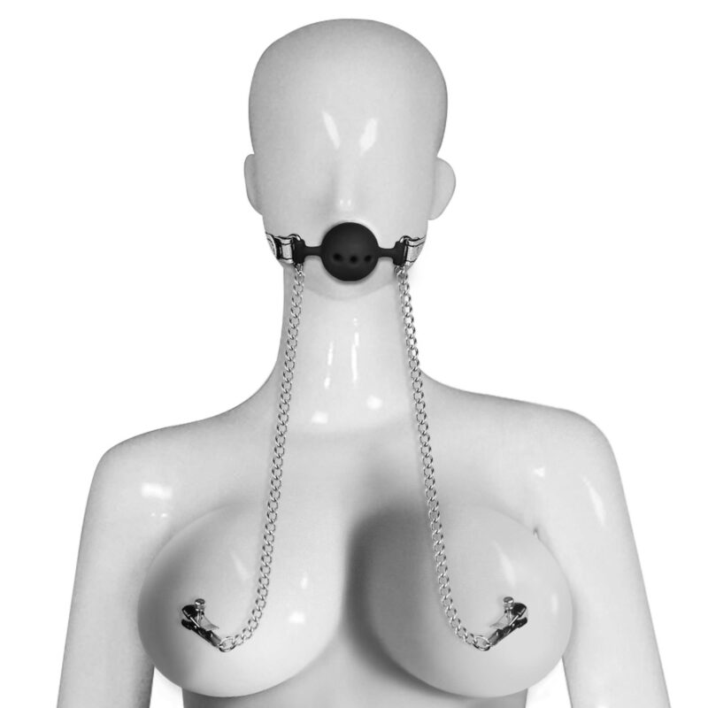 Lovetoy Breathable Ball Gag With Nipple Clamp BDSM Kneble zabawka do zabaw erotycznych